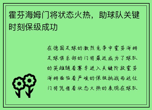 霍芬海姆门将状态火热，助球队关键时刻保级成功